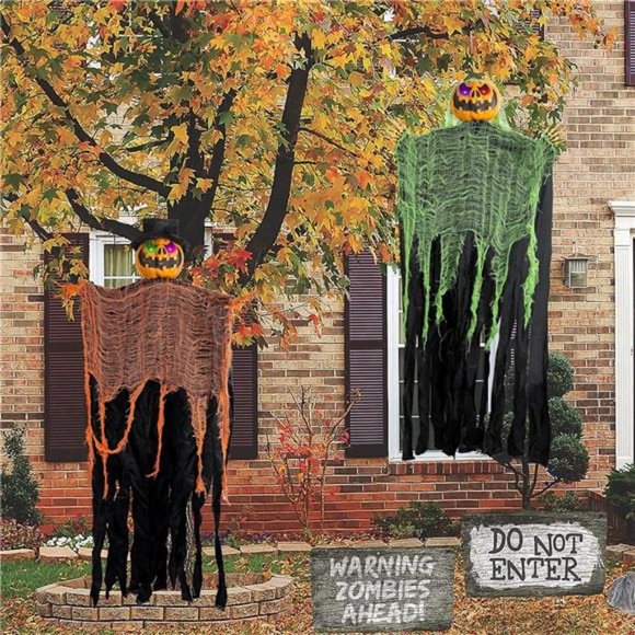 2 Pack 5.2' Hanging Ghost Pumpkin w/ Bendable Arms, Color Changing Lighted Eyes - Picture 3 of 6